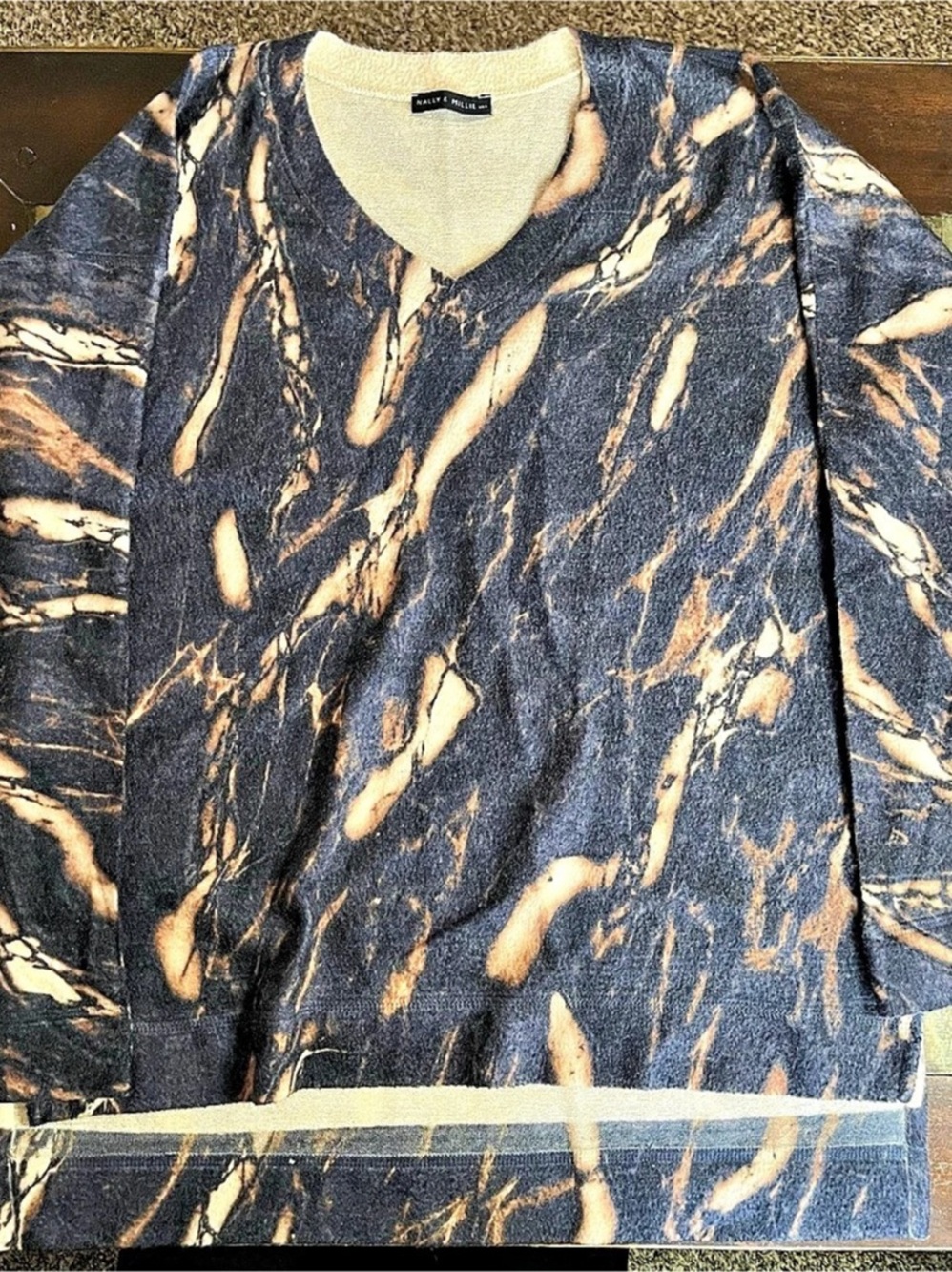 NALLY & MILLIE Abstract Marble Print Long Sleeve Top in Brown & yellow